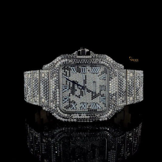 Luxury Cartier Santos Iced Out Watch Fully Covered in Black Diamonds with Roman Dial Custom Designer Jewelry by SwanDiamond