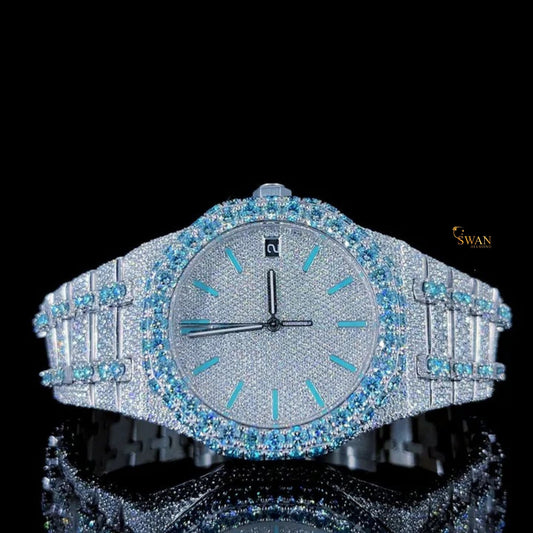 Luxury Iced Out Diamond Watch with Aqua Blue Stones Full Pave Dial and Bracelet Octagon Bezel Premium Timepiece SwanDiamond