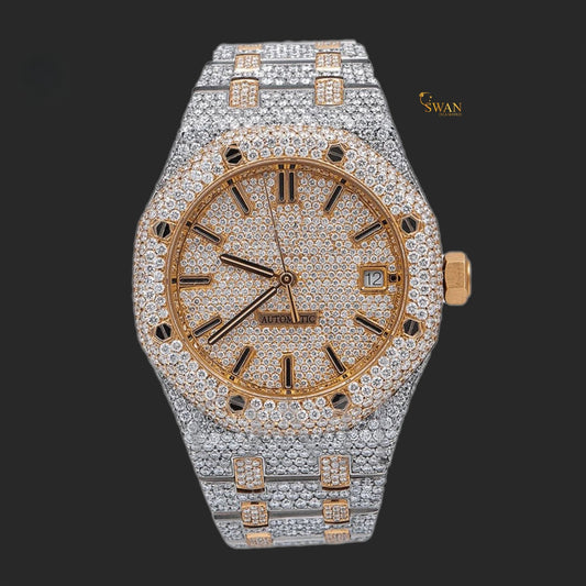 Two Tone Rose Gold and Silver Fully Iced Out Automatic Watch with Round Brilliant Diamonds and Pave Set Bracelet SwanDiamond