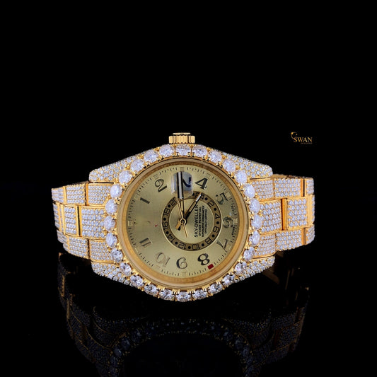 Sky Dweller Iced Out Yellow Gold Watch Diamond Bezel Custom Luxury Men’s Timepiece Jewelry Gift SwanDiamond
