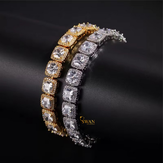 Luxury Cushion Cut Diamond Tennis Bracelet in Yellow Gold with Halo Setting Elegant Statement Jewelry swandiamond
