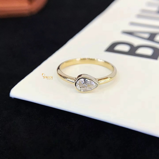 925 Silver Pear Cut Diamond Engagement Ring in Gold Plated Bezel Set Solitaire Modern Minimalist Jewelry Gift for Her swandiamond