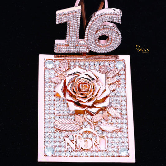 Hip Hop Custom Sweet 16 Rose Gold Pendant with Flower Design Fully Iced Out in VVS Moissanite Diamonds Luxury Necklace for Men swandiamond
