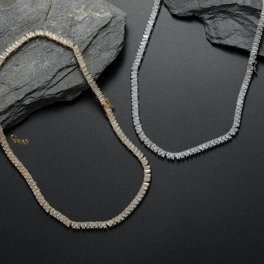 Luxury Baguette Cut Diamond Tennis Necklace Yellow Gold Elegant Statement Jewelry Men and Women swandiamond