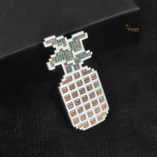 Custom Hip Hop Pineapple Pendant Iced Out Jewelry with Green and Orange Stones Silver Bling Statement Necklace for Men