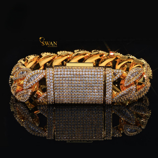 Natural Diamond Cuban Link Bracelet in White Gold and Yellow Gold | Baguette and Round Cut Iced Out Luxury Jewelry swandiamond