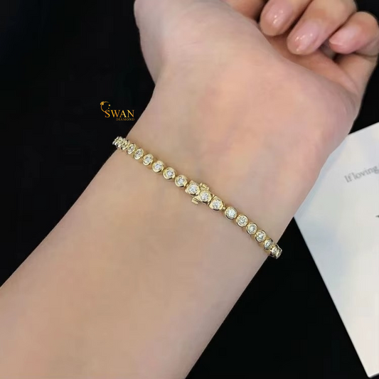 Elegant Round Cut Diamond Bezel Set Tennis Bracelet in Yellow Gold Plated Classic Sparkling Natural Diamond Jewelry Luxury Gift for Her swandiamond