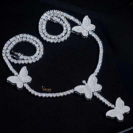 Sparkling Butterfly Diamond Tennis Necklace in White Gold Luxury Iced Out Jewelry Gift for Women Fashion Statement Chain swandiamond