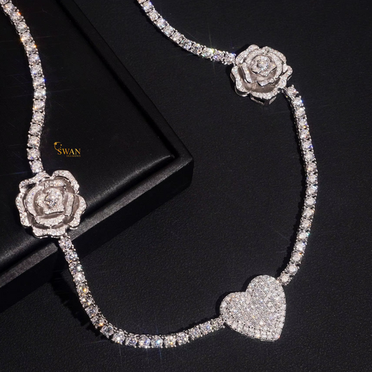 Romantic Heart and Rose Diamond Tennis Necklace in White Gold Luxury Iced Out Jewelry Gift for Women Wedding Anniversary Gift swandiamond