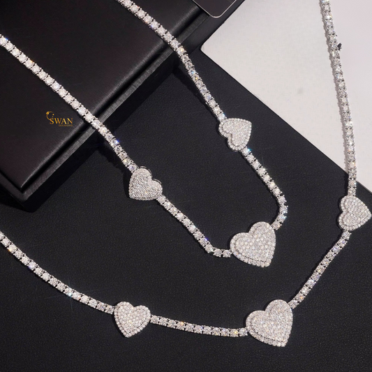 Heart Design Diamond Tennis Necklace in White Gold Sparkling Pave Heart Accents Iced Out Jewelry for Men and Women swandiamond