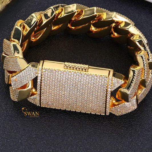 Iced Out Cuban Link Bracelets in White Gold and Yellow Gold with Natural Diamonds Wide Pave Statement Jewelry swandiamond