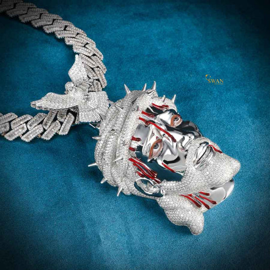 Luxury Hip Hop Iced Out Jesus Face Pendant with Red Detailing and Angel Bail VVS Moissanite Diamonds Necklace for Men swandiamond