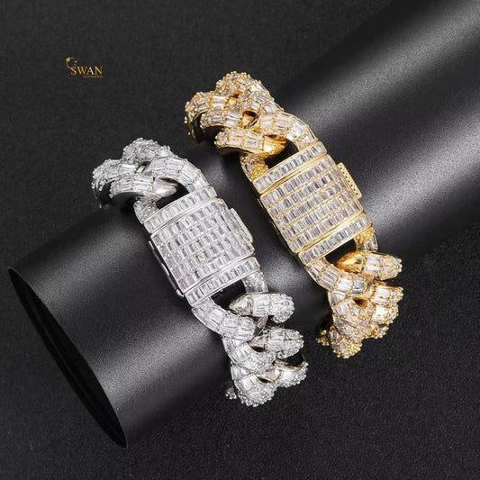 Icy Cuban Link Bracelet with Baguette and Round Cut Diamond Accents in White Gold Finish – Luxury Statement Jewelry swandiamond