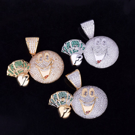 Smiling Hip Hop Cash Money Man Face Moissanite vvs Diamonds Pendant Chain Necklace