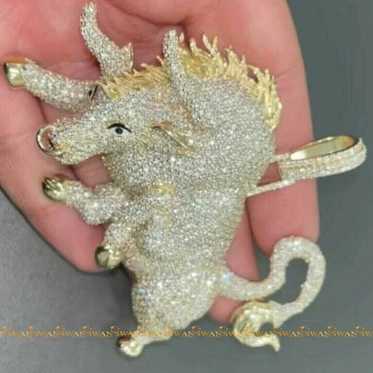 Bull Pendant Cubic Zirconia Yellow Gold Plated Sterling Silver 3D For Men Or Women