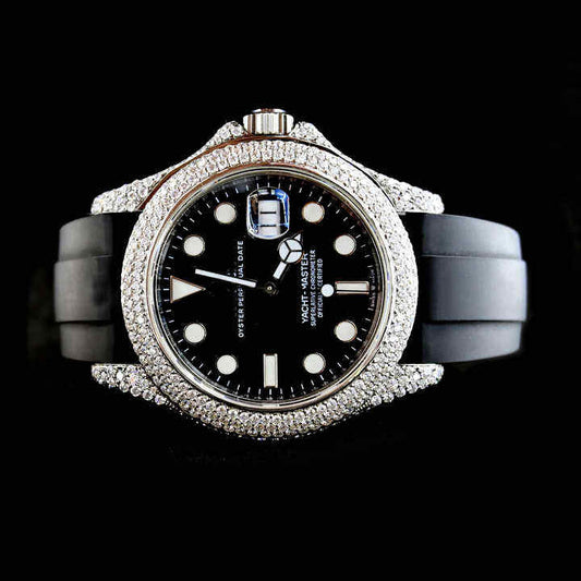 Luxury Iced Out Black Dial Diamond Watch with Rubber Strap Custom Fully Paved Bezel and Case High End Jewelry Gift swandiamond