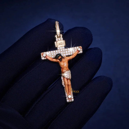 Unique Religious Cross Jesus Pendant Fully Bust Down Round Cut Moissanite Diamond In 10k Solid Gold