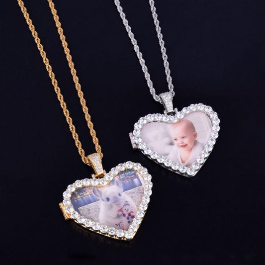 Trendy Heart Shaped Photo Picture Moissanite Diamond Studded Hip Hop Pendants