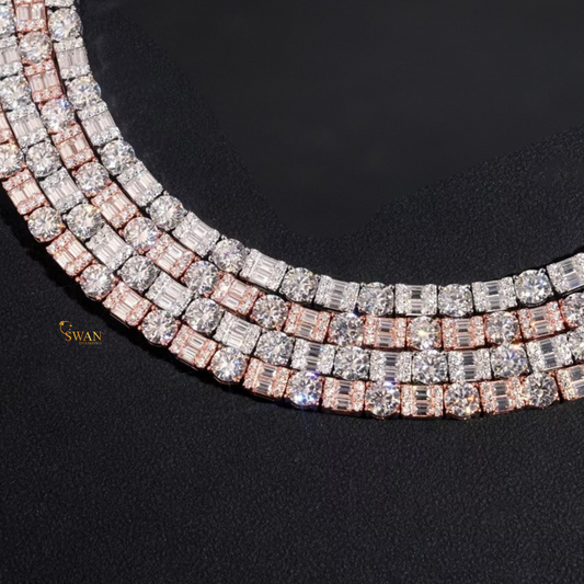 Round and Baguette Cut Natural Diamond Tennis Chain in Rose Gold Two Row Iced Out Statement Necklace Luxury Fine Jewelry for Men and Women swandiamond