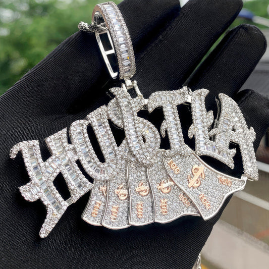 Cubic Zirconia Full Diamond Two Tone Hip Hop Men Boy Jewelry Letter Hustla Dollars Money Pendant by swandiamond