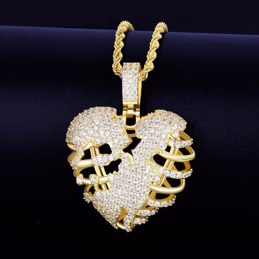 Charm Hip Hop Broken Heart Skeleton Pendant With Moissanite Diamonds In 925 Sterling Silver