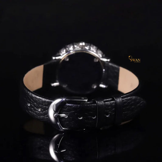 Elegant Ladies Diamond Watch with Black Leather Strap Round Halo Bezel Full Pave Dial Luxury Sparkling Timepiece Classic Style SwanDiamond