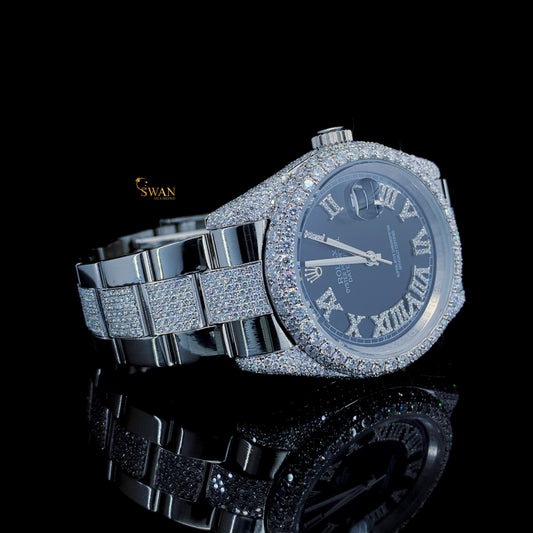 Premium Iced Out Diamond Watch with Black Face Roman Numerals and Full Silver Pave Bracelet Luxury Style SwanDiamond