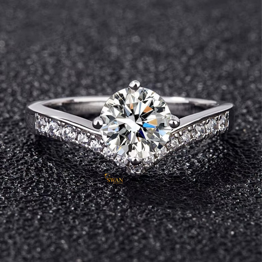 Round Cut Diamond Solitaire Engagement Ring 925 Silver Chevron Pavé Band Elegant Modern Bridal Jewelry Gift swandiamond