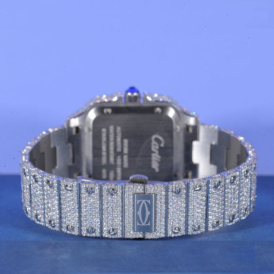 Fully Iced-Out Cartier Santos Roman Dial Watch – Timeless Luxury in Diamonds SwanDiamond
