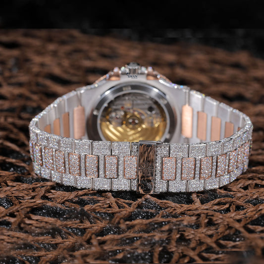 Rose Gold Custom Iced Out Luxury Watch – Full Diamond Bezel & Bracelet Timepiece for Bold Style SwanDiamond