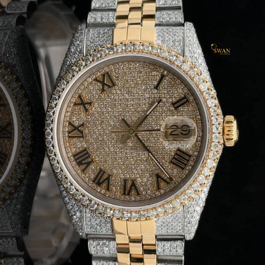 Two Tone Iced Out Diamond Watch Roman Numeral Dial with Pave Setting and Jubilee Bracelet Luxury Custom Timepiece High End Jewelry SwanDiamond
