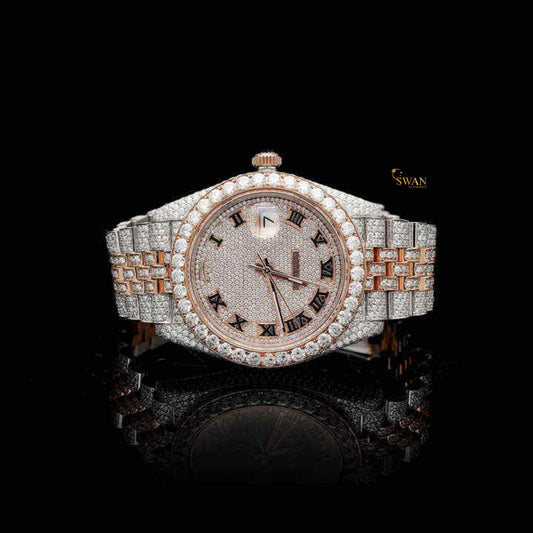 Luxury Two Tone Rose Gold and Silver Iced Out Diamond Watch with Roman Numeral Dial Full Pave Bracelet Custom Bezel High End Jewelry swandiamond