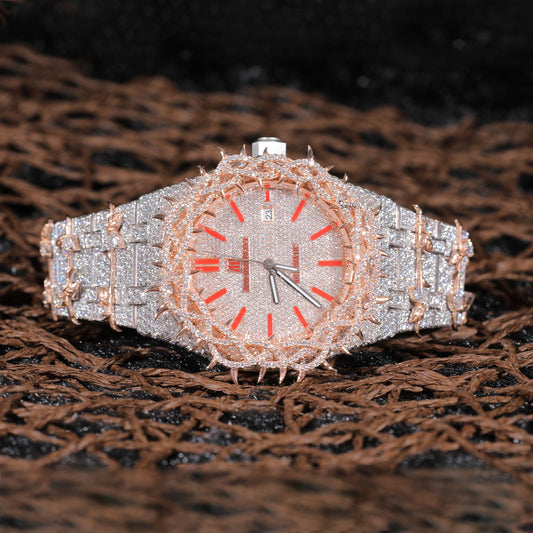 Custom Thorn Crown Iced Out Watch VVS Moissanite Men’s Luxury Rose Gold Silver Timepiece Hip Hop Style Designer Watch SwanDiamond