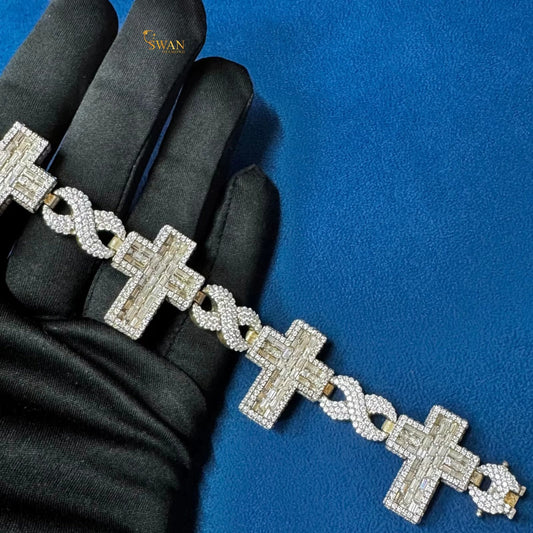 Iced Out Diamond Cross Link Bracelet Luxury Statement Jewelry with Baguette and Round Natural Diamonds for Men and Women swandiamond