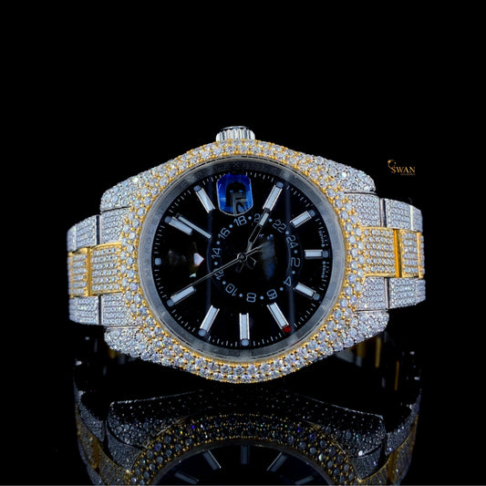 Mens Two Tone Diamond Watch Iced Out Black Dial Luxury Custom Fully Paved Bracelet Hip Hop Jewelry Timepiece SwanDiamond