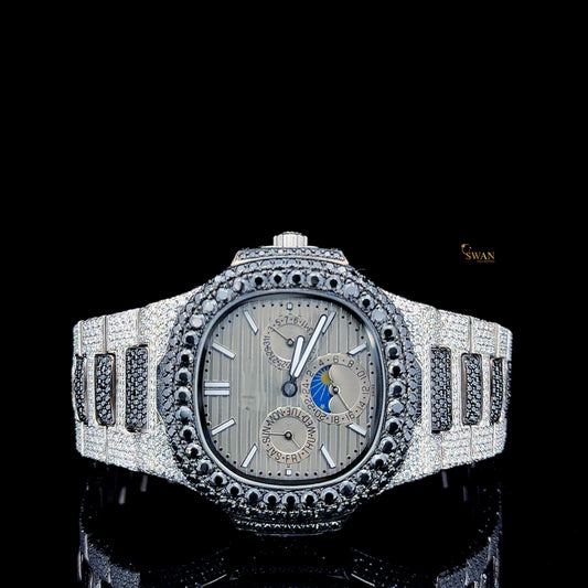 Luxury Iced Out Black Diamond Watch Custom Fully Paved Silver Bracelet Moonphase Dial Exclusive Mens Jewelry Gift SwanDiamond