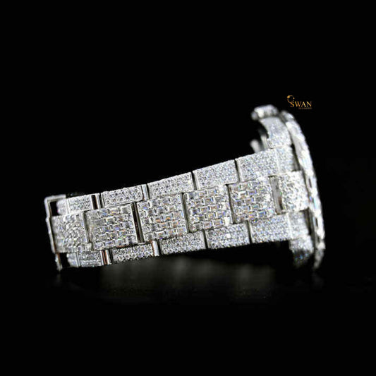 Luxury Fully Iced Out Diamond Watch in White Gold with Roman Numeral Dial and Paved Bracelet Custom Men’s Jewelry Timepiece