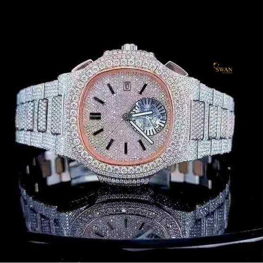 Luxury Iced Out Diamond Watch with Rose Gold Outline Pave Dial Date Display Full Diamond Bracelet and Large Bezel Stones SwanDiamond