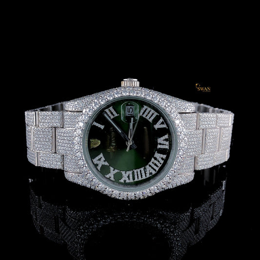 Luxury Diamond Rolex Style Watch Green Roman Numeral Dial Fully Iced Out Bracelet Silver Tone SwanDiamond Exclusive