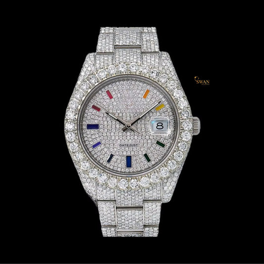 Mens Iced Out Diamond Watch Datejust Style Rainbow Markers Fully Paved Bracelet Luxury Silver Custom Jewelry SwanDiamond