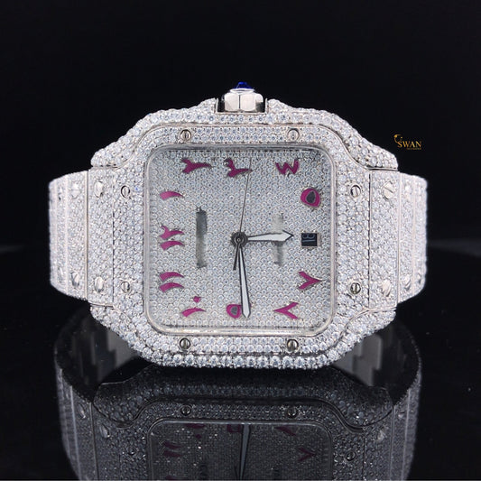 Custom Cartier Santos Diamond Watch Fully Iced Out with Pink Arabic Dial Luxury White Gold Mens Timepiece SwanDiamond