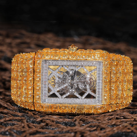 Yellow Sapphire and White Diamond Skeleton Luxury Watch with Full Pavé Bracelet and Intricate Openwork Dial Design SwanDiamond
