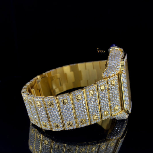 Custom Cartier Santos Diamond Watch Fully Iced Out Yellow Gold Arabic Dial Luxury Mens Timepiece SwanDiamond