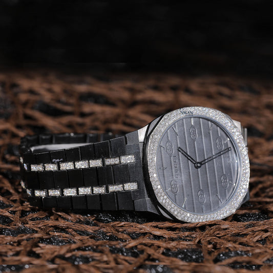 Black Luxury Watch with Diamond Bezel, Pave Link Bracelet, and Sleek Monochrome Dial for Modern Sophisticated Style SwanDiamond