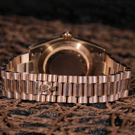 Rose Gold Day-Date Luxury Watch with Black Marble Dial and Diamond Bezel  SwanDiamond