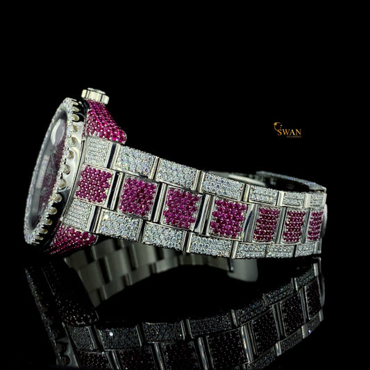 High End Ruby Red and Diamond Iced Out Watch Silver Bracelet with Full Pave Setting Luxury Unisex Style SwanDiamond