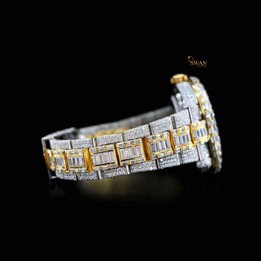 Luxury Iced Out Diamond Watch Two Tone Gold and Silver Baguette Band Arabic Dial Automatic Custom Hip Hop Jewelry Statement swan diamond