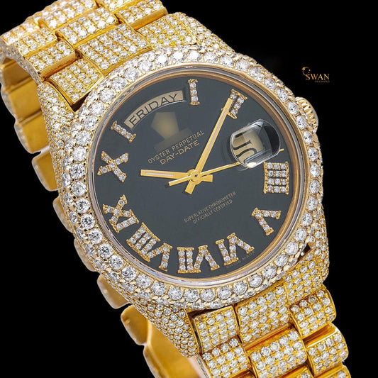 Full yellow gold iced-out watch with a black dial and a date and weekday display, a diamond-encrusted link band by swandiamond