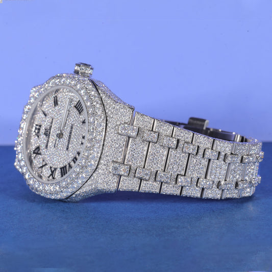 Roman Dial Iced Out Watch VVS1 Moissanite Custom Silver Timepiece Luxury Men’s Hip Hop Designer Wristwatch SwanDiamond