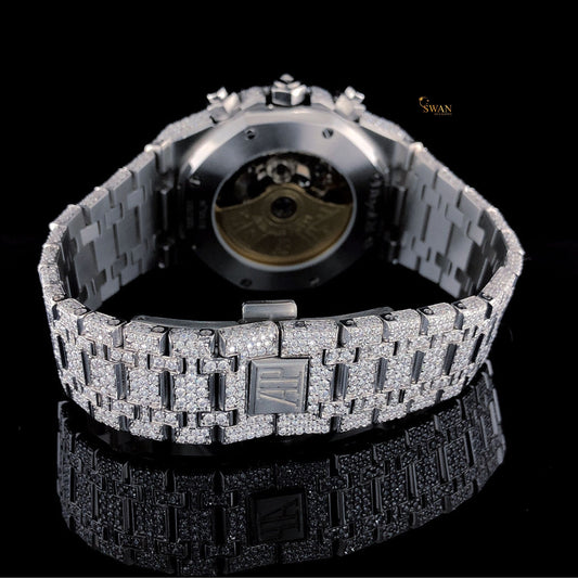 Mens Silver Diamond Watch Iced Out Chronograph Luxury Custom Fully Paved Bracelet High End Hip Hop Jewelry Timepiece SwanDiamond